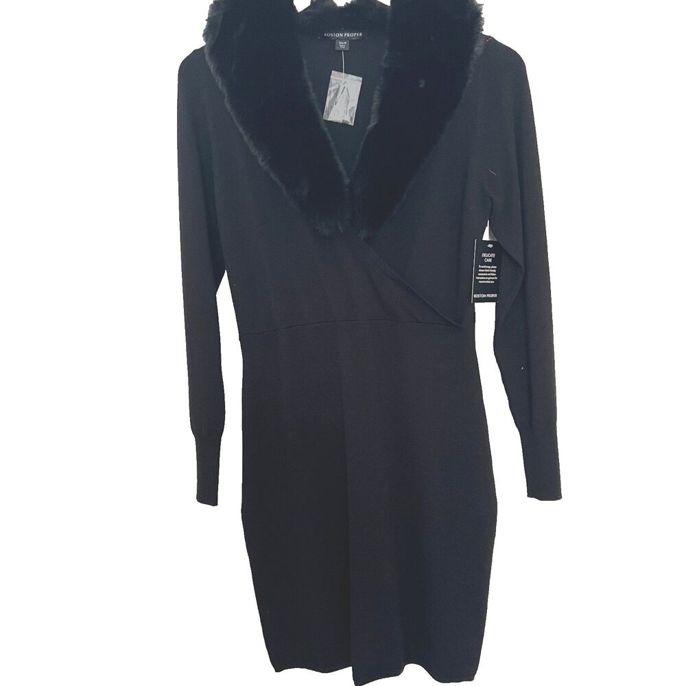 Boston Proper sweater dress M faux fur trim black knit NWT
